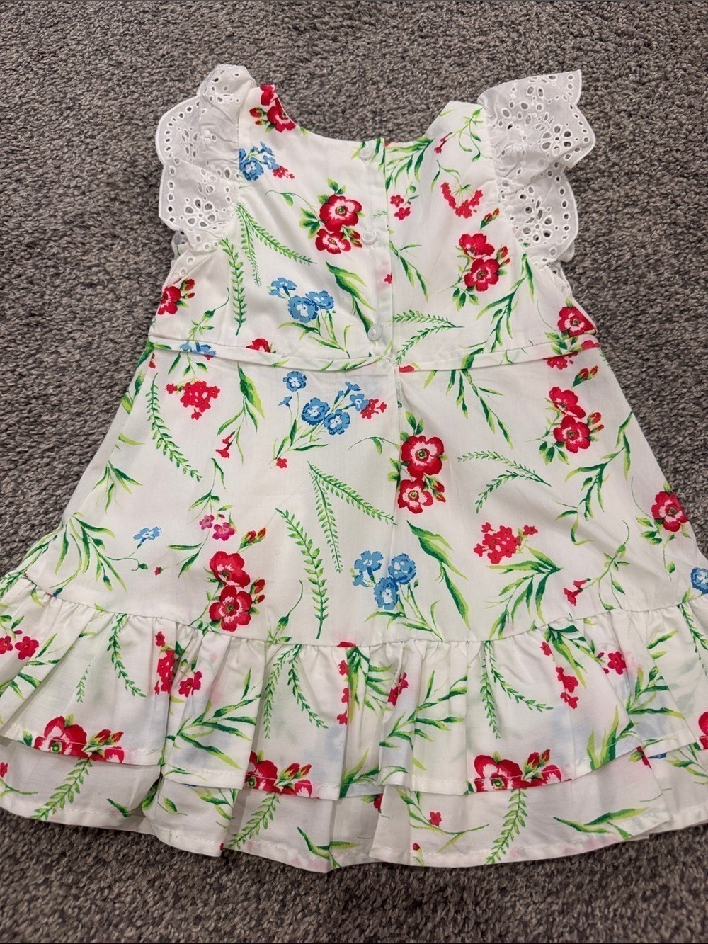 Janie and Jack White Floral Eyelet Sleeve Dress with Red and Blue Flowers - Picture 7 of 9